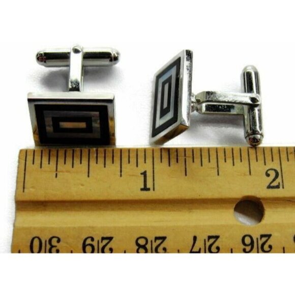 Cufflinks Black Onyx Pearl Double Rectangle Sterling Silver 925 Patina Vtg - Picture 7 of 12